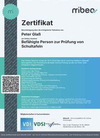 Zertifikat Bef&auml;higte Person zur Pr&uuml;fung von Schultafeln vom_ 30.11.2024Peter Gla&szlig;